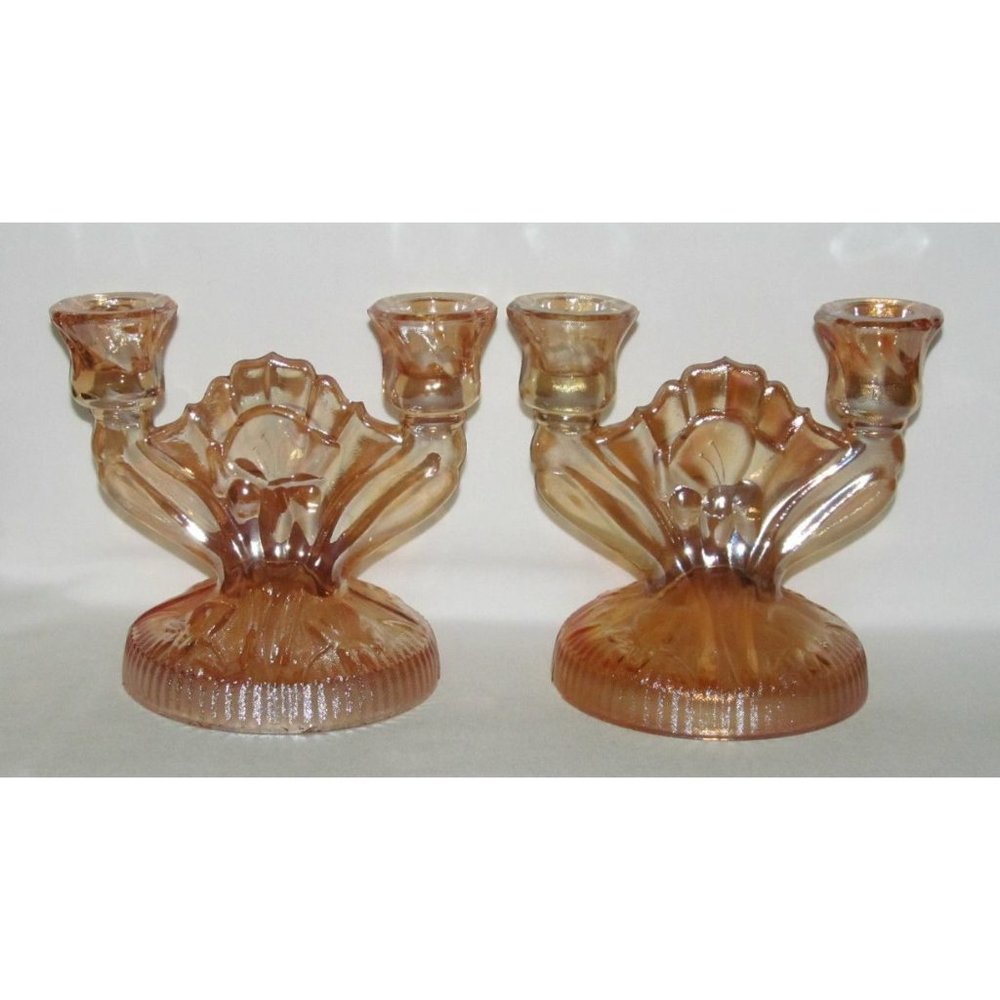 Jeannette Glass IRIS AND HERRINGBONE Marigold Iridescent Pair of Candle Holders